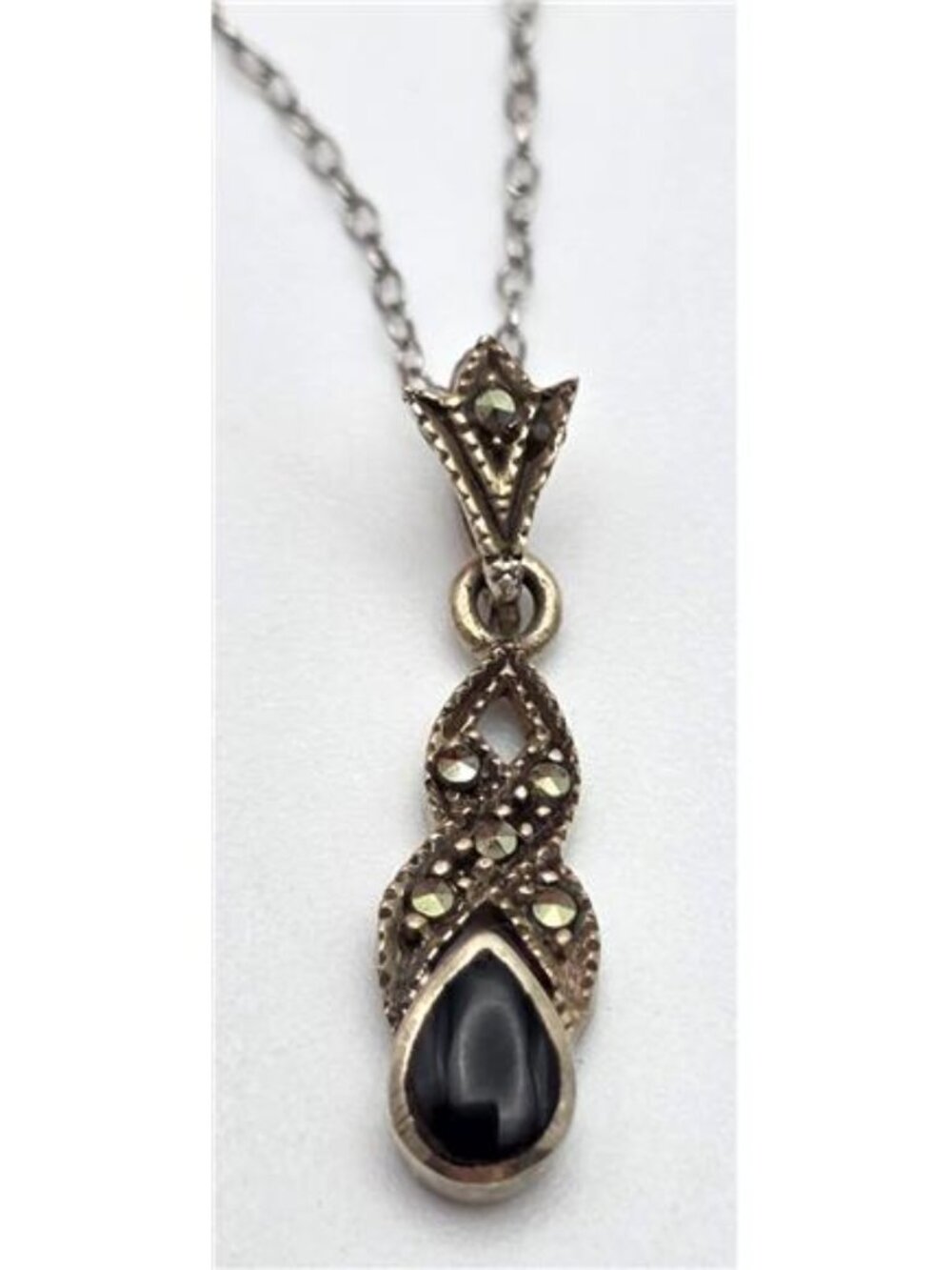 925 Sterling Silver Onyx Marcasite Pendant Necklace 18.5" 27mm Vintage - Picture 3 of 10